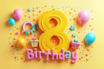 8th birthday card. Vibrant and colorful birthday celebration, with the number eight prominently displayed in large, yellow number. Surrounding the number are various balloons and gifts.
