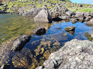 Mountain lake relaxation, pure waterscape natural background. Laying somewhere in the mountains