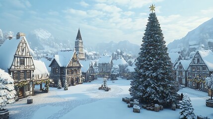 Fototapeta premium A snow-covered village with a Christmas tree in the town square