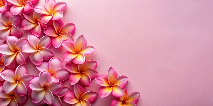 Flat lay of pink frangipani flowers on a pastel pink background with forced perspective