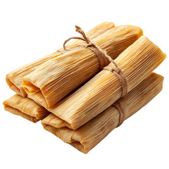 Traditional kitchen ingredient, bundles of corn husks tied with string, perfect for tamales preparation.