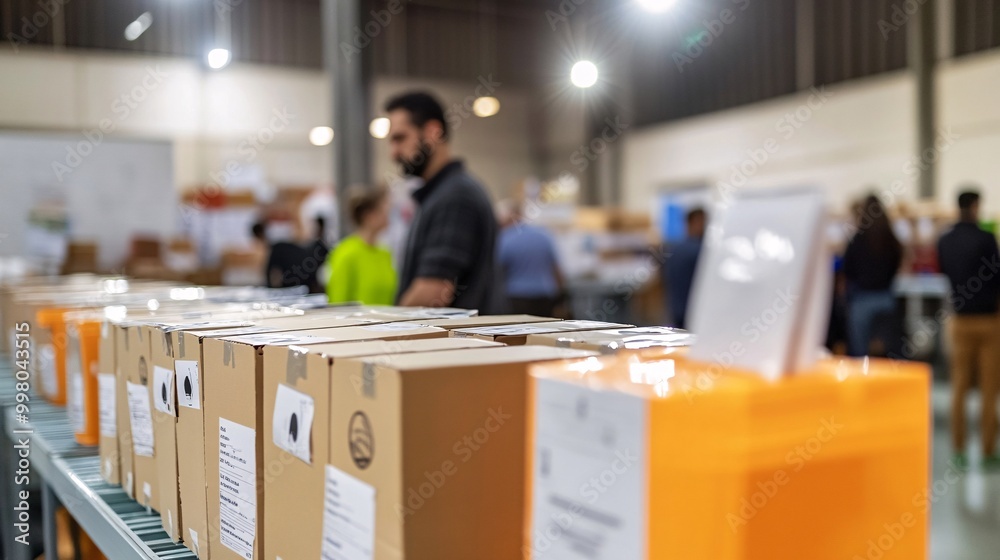 Poster A view of voters inside a polling station with voting booths lined up representing the organization and structure of the election process Large space for text in center Stock Photo with copy space