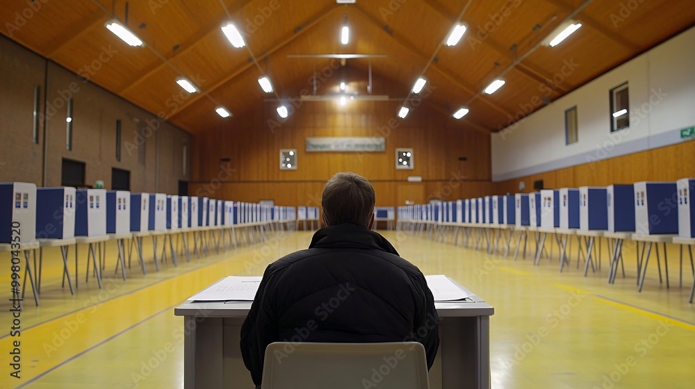 Aufkleber A view of voters inside a polling station with voting booths lined up representing the organization and structure of the election process Large space for text in center Stock Photo with copy space