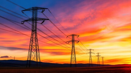 A line of power lines are in the sky