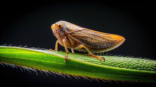 Flatid plant hopper on leaf edge against black background, symmetrical