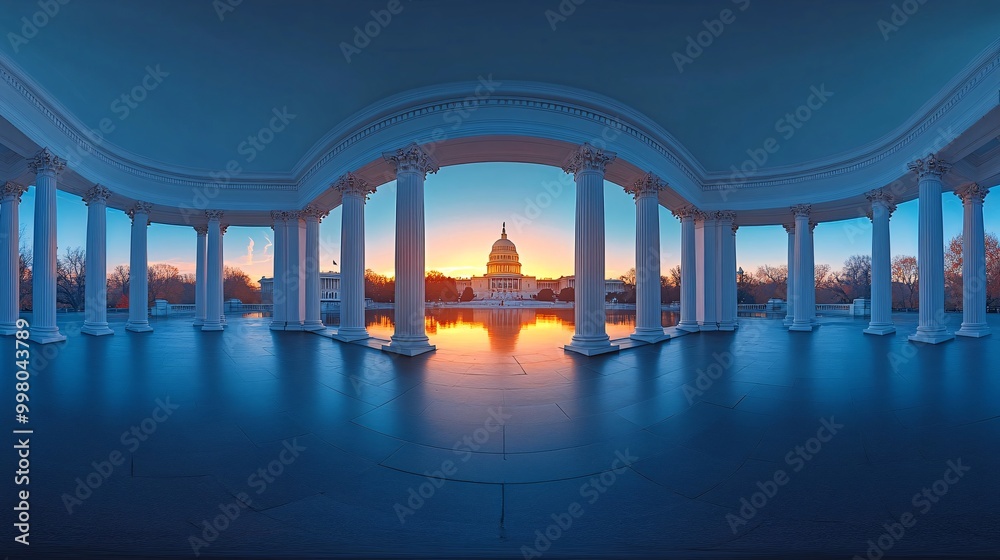 Poster a panoramic view of the us capitol building at dawn symbolizing the beginning of a new day and the h