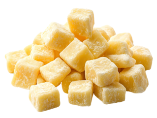 A pile of yellow cheese cubes on a white background, perfect for appetizers and snacks.