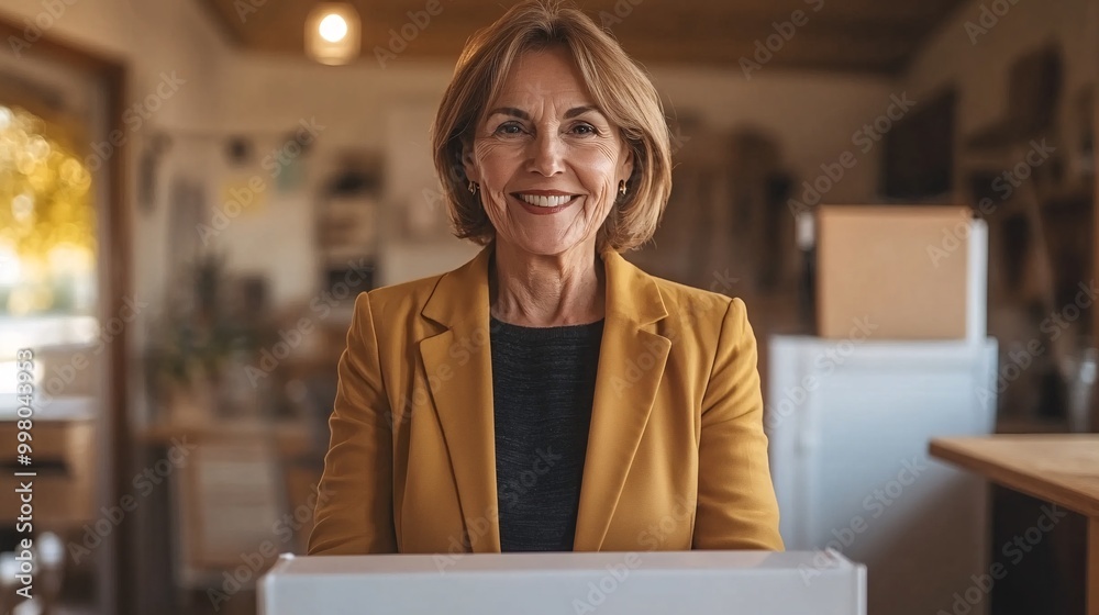 Poster An image of an older voter smiling proudly after voting representing the long-standing tradition of civic participation and the value of every vote Large space for text in center Stock Photo with
