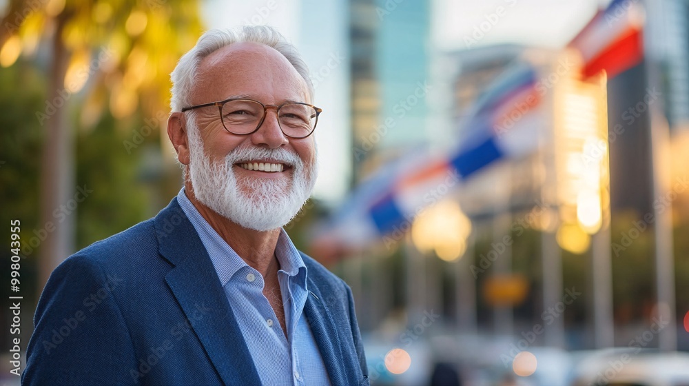 Poster An image of an older voter smiling proudly after voting representing the long-standing tradition of civic participation and the value of every vote Large space for text in center Stock Photo with