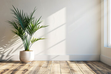A potted plant sits in a sunlit room with wooden floors.  Sunlight streams through the window, casting shadows on the wall.