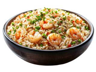 Delicious shrimp fried rice in a wooden bowl garnished with green peas and herbs, isolated on a white background.