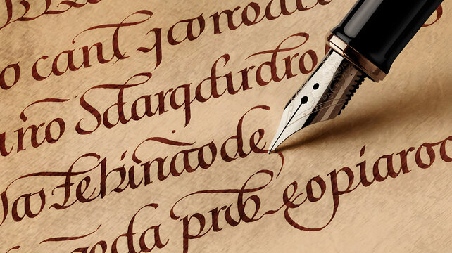 A detailed close-up of a fountain pen writing elegant Spanish script on parchment, representing the power of language and expression. (indicates World Spanish Language Day).
 
 - Powered by Adobe