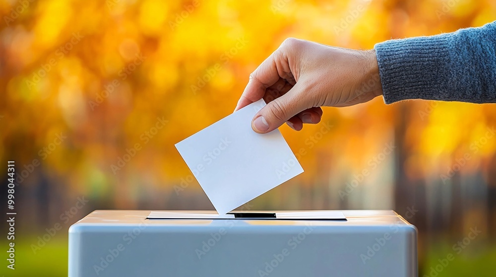 Poster A close-up of a voter placing a ballot into a secure drop box symbolizing safe and trusted methods for casting a vote Large space for text in center Stock Photo with copy space