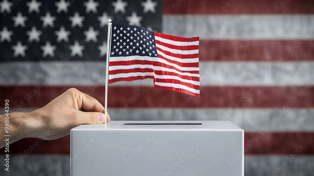 Poster A close-up of a voter placing a ballot into a secure drop box symbolizing safe and trusted methods for casting a vote Large space for text in center Stock Photo with copy space