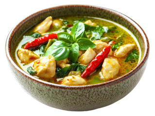 Delicious chicken green curry with basil and chili in a bowl, perfect for Asian cuisine lovers.