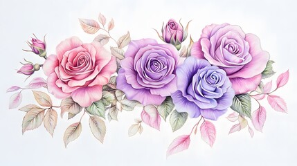 A beautiful arrangement of pink and purple roses with delicate leaves, set against a soft background.
