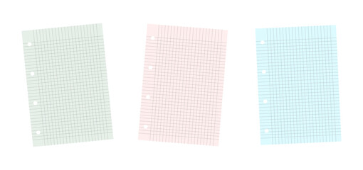 Three blank grid paper sheets in green, pink, and blue, each with hole punches