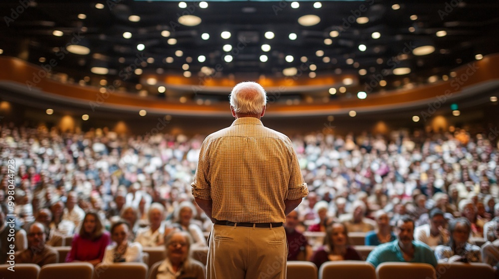 Poster a wide-angle shot of a political candidate speaking passionately to a large crowd symbolizing the po