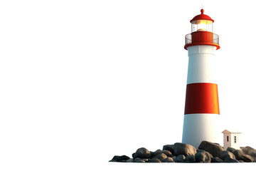 A vibrant lighthouse stands tall on rugged rocks, illuminated by its bright beam. The red and white stripes signal safety to ships, set against a clear background. © Cherrin