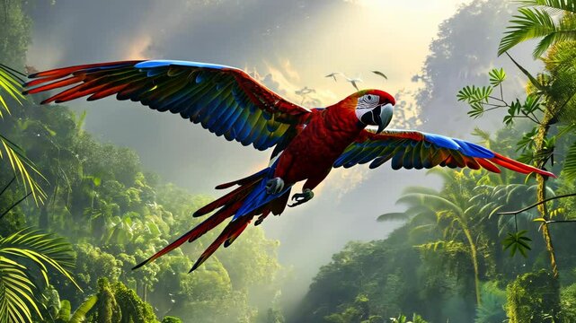 A scarlet macaw flies through a lush rainforest, its vibrant colors contrasting with the green foliage