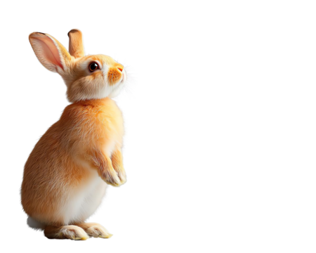 Cute rabbit standing on hind legs, looking curious and playful, with soft fur and big ears, against a clean white background.