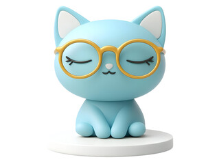 Fototapeta premium Cute blue cat figurine with glasses, sitting peacefully on a white base, isolated on a clean background.
