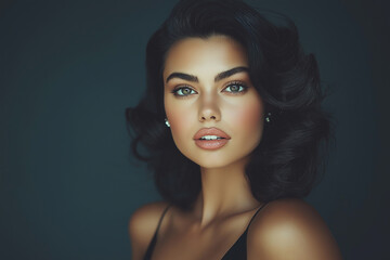 Fototapeta premium Beautiful woman with a vintage hairstyle, wearing a black dress, posing against a dark background and looking at the camera. Portrait of a fashion model with an elegant hairdo and smoky eye makeup.