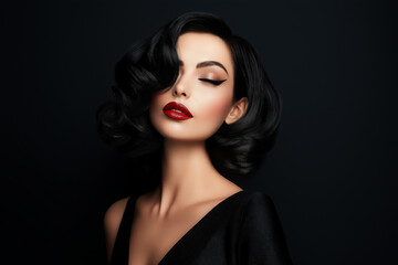 Fototapeta premium Beautiful woman with a vintage hairstyle, wearing a black dress, posing against a dark background and looking at the camera. Portrait of a fashion model with an elegant hairdo and smoky eye makeup.