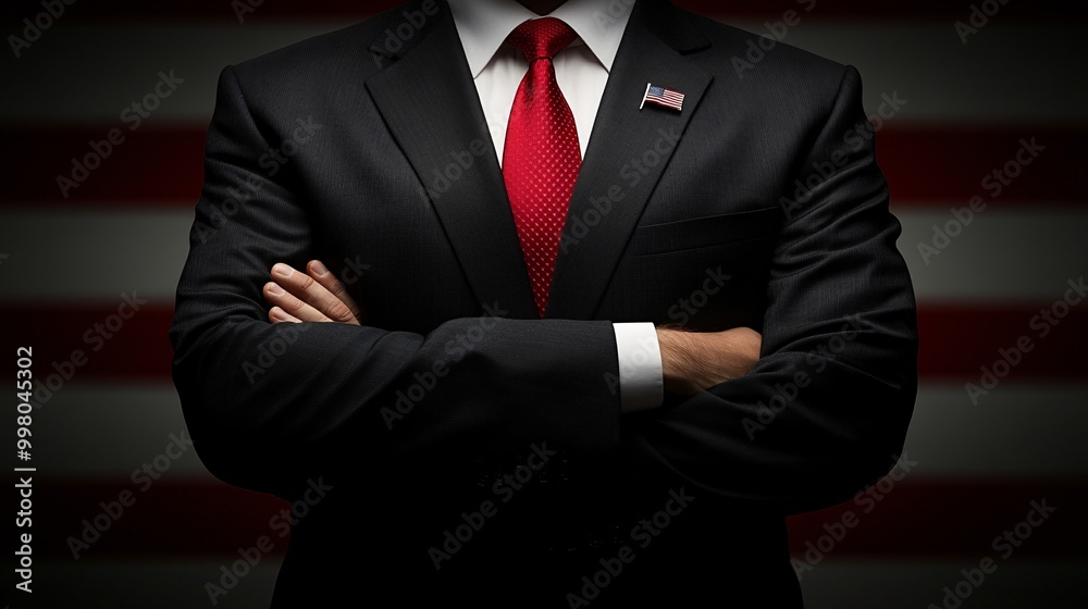 Poster a professional candidate portrait with the american flag in the background symbolizing leadership vi