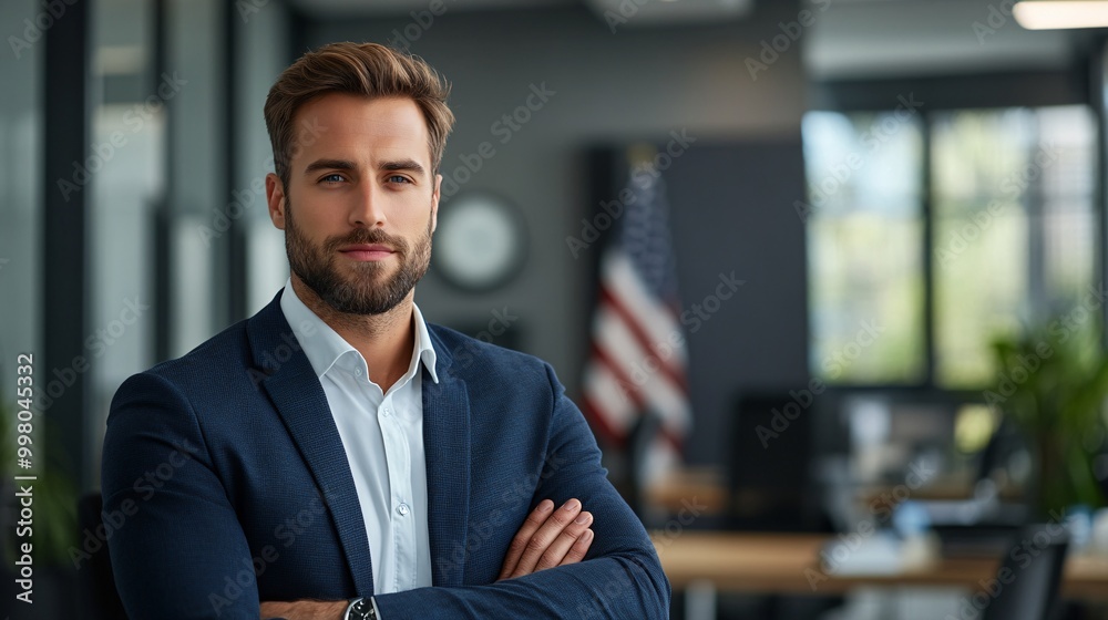 Poster a professional candidate portrait with the american flag in the background symbolizing leadership vi