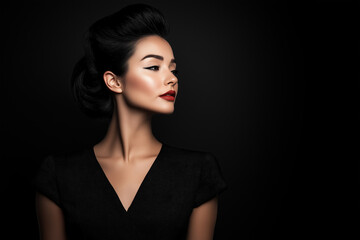 Fototapeta premium Beautiful woman with a vintage hairstyle, wearing a black dress, posing against a dark background and looking at the camera. Portrait of a fashion model with an elegant hairdo and smoky eye makeup.