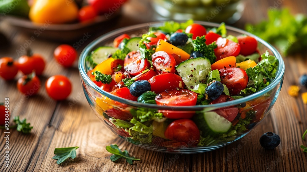 Aufkleber a colorful bowl of fresh salad with a variety of vegetables and fruits beautifully arranged on a woo