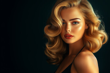 Fototapeta premium Beautiful woman with a vintage hairstyle, wearing a black dress, posing against a dark background and looking at the camera. Portrait of a fashion model with an elegant hairdo and smoky eye makeup.