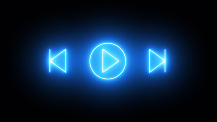 Fototapeta premium Neon glowing sign play button animation blue color on black background music play button icon animation. neon style press start icon, technology and computer concept, glowing light. 