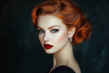 Naklejka premium Beautiful woman with a vintage hairstyle, wearing a black dress, posing against a dark background and looking at the camera. Portrait of a fashion model with an elegant hairdo and smoky eye makeup.