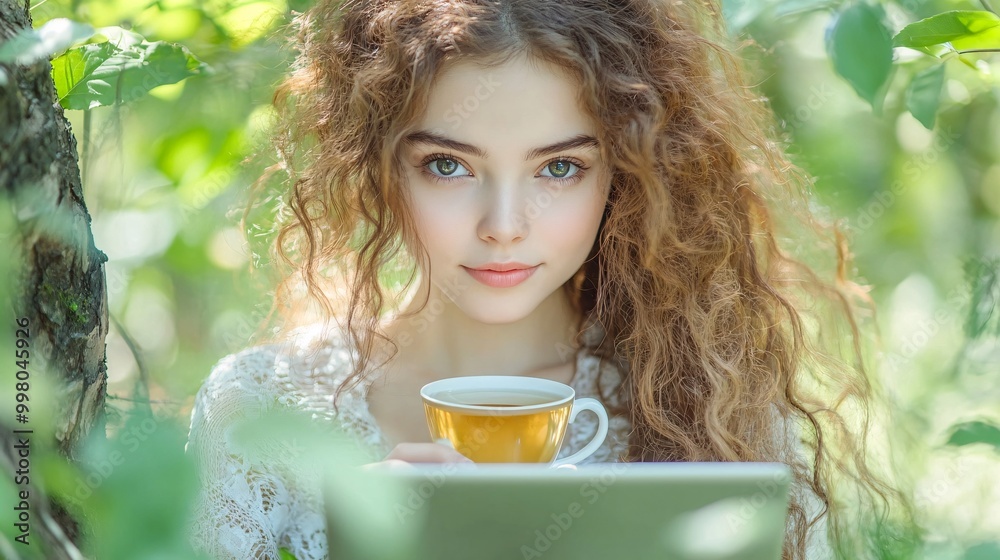 Poster a professional woman working on her laptop with a cup of tea next to her while sitting in a tranquil