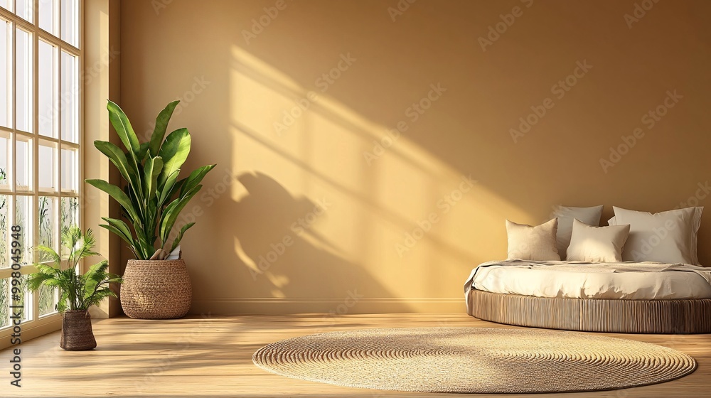 Poster a serene bedroom decorated with soft colors and minimal furniture conveying a peaceful atmosphere an