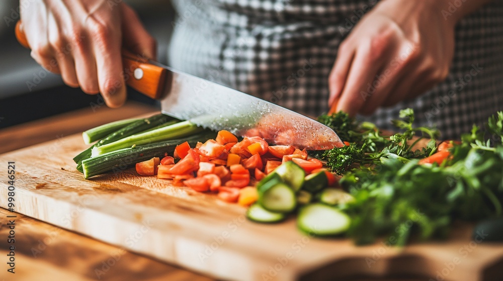 Poster a close-up of a person cutting fresh vegetables on a wooden cutting board emphasizing the process of
