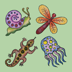 Adobe Illustrator Artwork Hand drawn snail, dragonfly, lizard, jellyfish vector illustration design