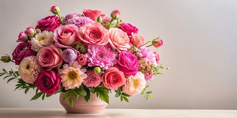 Fototapeta premium Floral arrangement in shades of pink isolated on light background with copy space