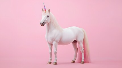 A proud unicorn posed in an enchanting pink background, showcasing its iridescent mane and sparkling horn. Futuristic Animal Design Concept