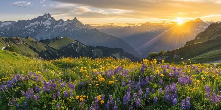 Wildflowers in the Swiss Alps at Sunrise with Majestic Peaks
