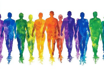 Obraz premium Abstract watercolor silhouettes of human figures in vibrant rainbow shades representing inclusivity unity and the celebration of diversity in a dynamic composition