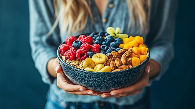 A young woman holding a smoothie bowl filled with colorful fruits and nuts conveying the vibrancy of healthy eating and balanced nutrition Large space for text in center Stock Photo with copy space
