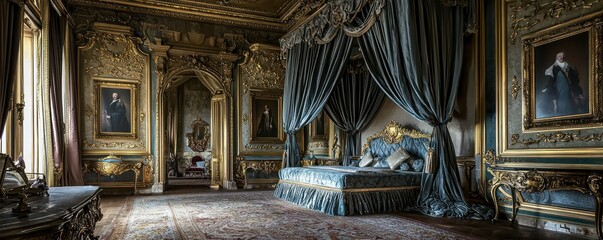 An opulent royal bedroom with plush velvet curtains, an ornate canopy bed, and portraits of nobility adorning gilded walls