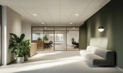 Fototapeta premium 3D rendering of a modern office interior design, Decorative green plants and beige accent elements add to the natural, well-lit ambiance.