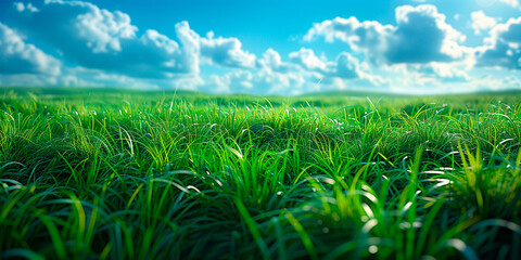 Fototapeta premium Wallpaper with a realistic, fresh landscape of a lush green meadow against a clear blue sky with clouds.