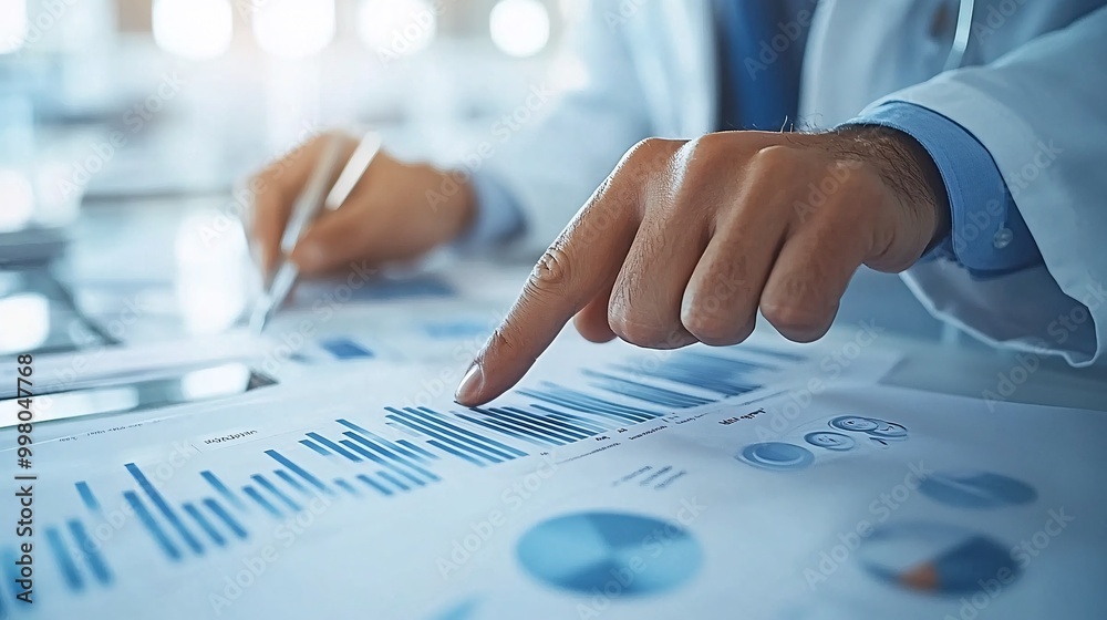 Poster a doctor pointing to a chart during a consultation with a patient illustrating patient education and