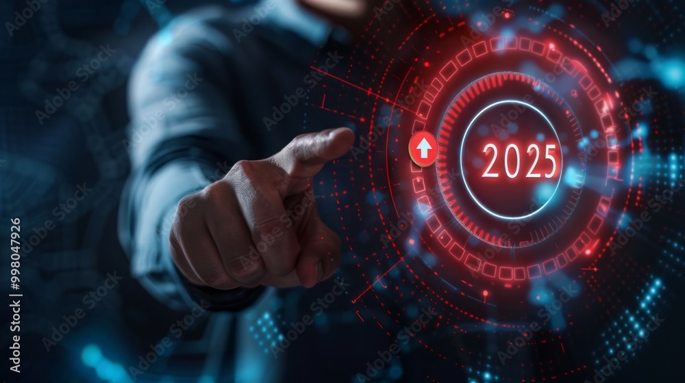 Poster A person is pointing at a red circle with the number 2025 on it
