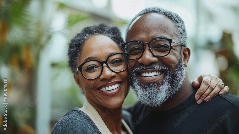 Poster a senior couple walking through a garden with big smiles on their faces representing active aging an